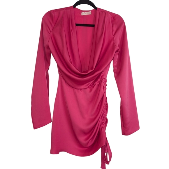 Chic Pink Draped Long Sleeve Dress - Picture 1 of 7